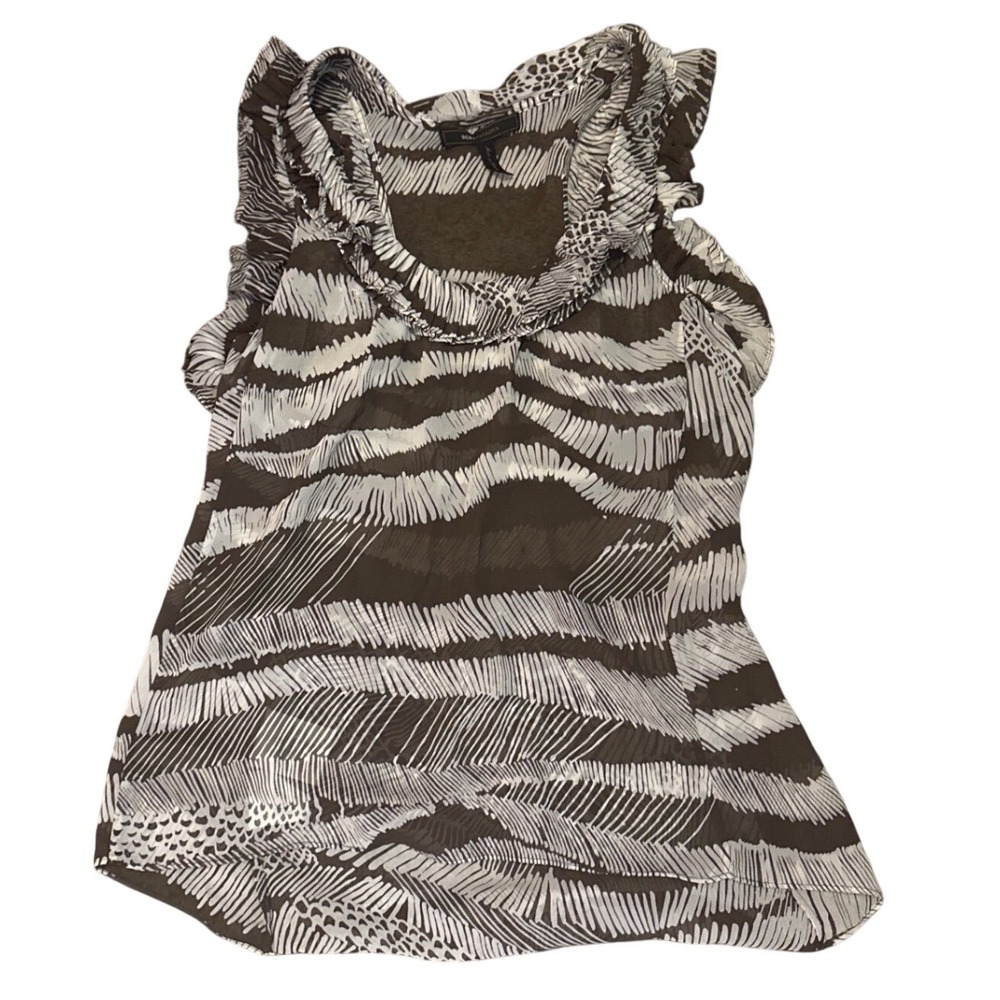 BCBG Brown Cream Blouse Top Sleeve Ruffle Neck 100%‎ Silk Zebra Sleeveless S